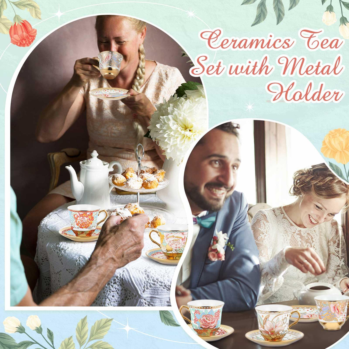 Floral Porcelain Tea Cups & Saucers Set of 18 – 6 Patterns, 5.4 oz