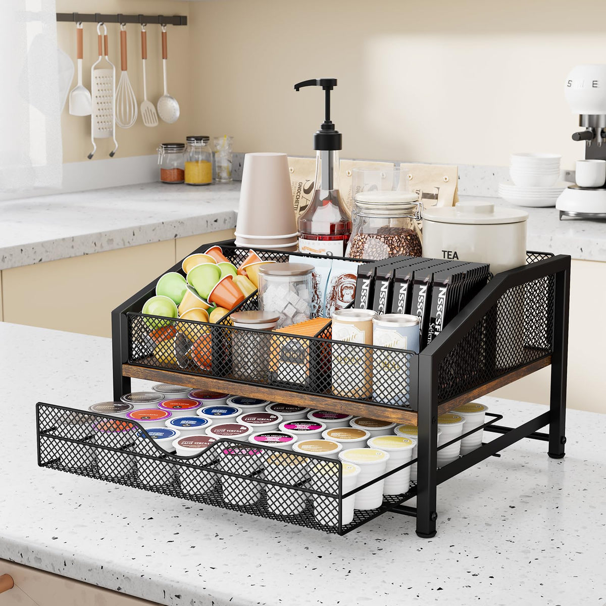 Homsorout Coffee Bar Organizer – Metal & Wood, Black and Brown