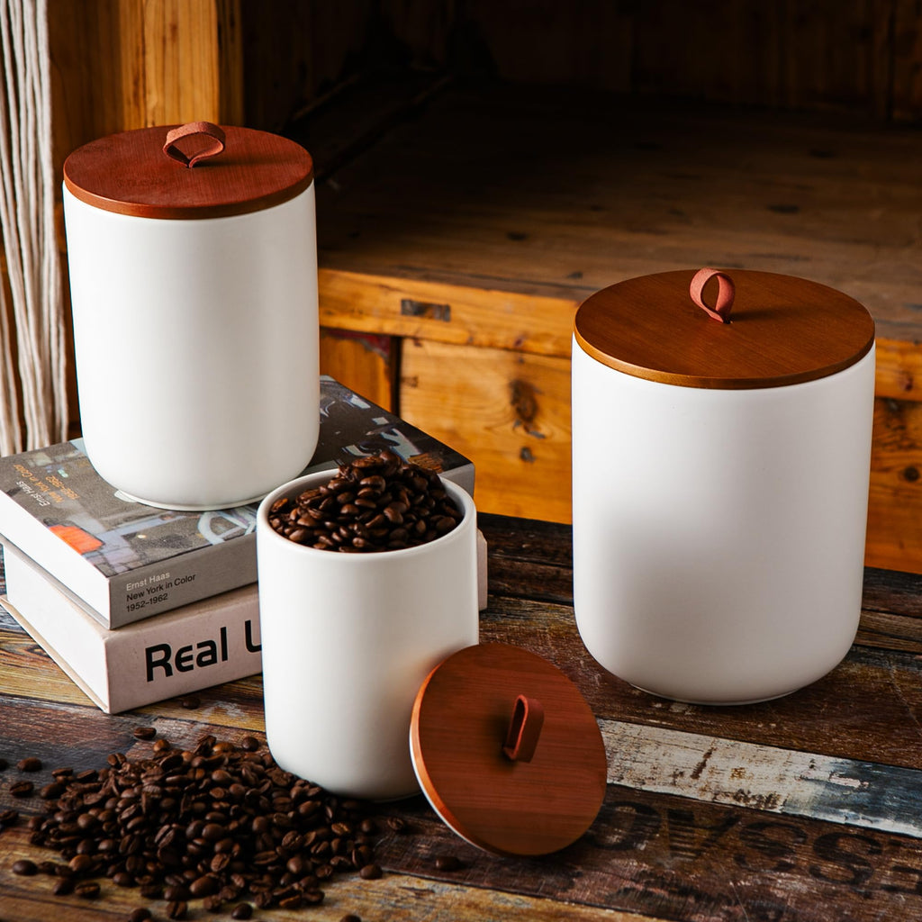 JOJUNO Black Embossed Ceramic Canister Set of 3 – Airtight Bamboo Lids, 30/48/82 oz
