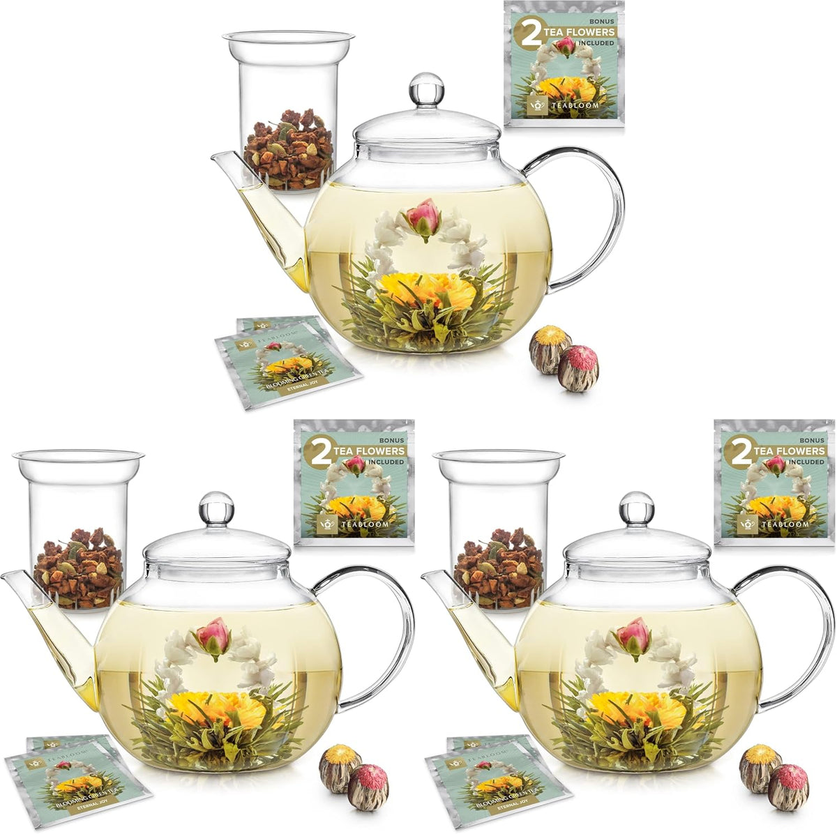 Teabloom Stovetop & Microwave Safe Glass Teapot with Removable Loose Tea Glass Infuser – Includes 2 Blooming Teas – 2-in-1 Tea Kettle and Tea Maker – Tea Purist's Choice