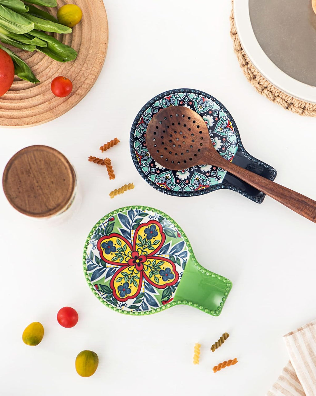 Ceramic Spoon Rest Set of 6 – Assorted Bohemian Patterns, 7.75", Dishwasher Safe