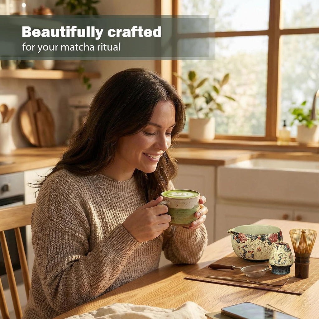 7-Piece Matcha Set – Floral Bowl & Purple Bamboo Whisk