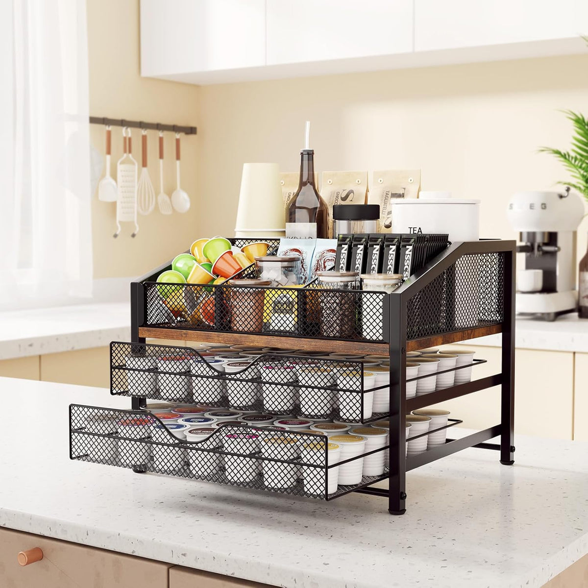Homsorout Coffee Bar Organizer – Metal & Wood, Black and Brown