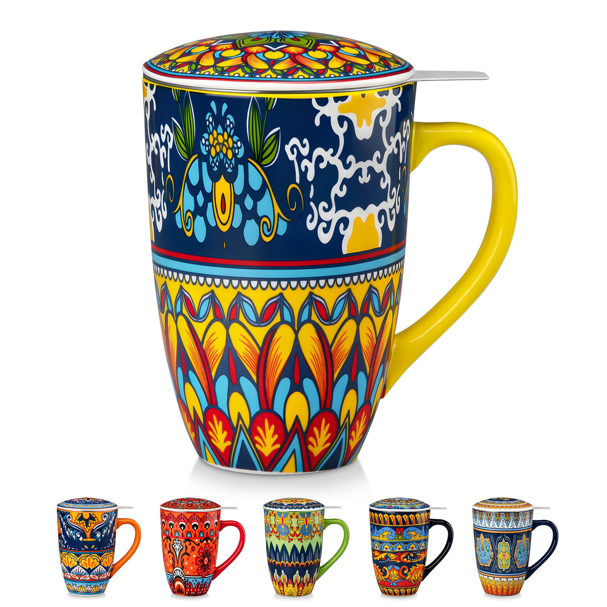 Ceramic Tea Infuser Mug with Lid, 18 oz – Bohemian Forest Daisy Pattern, Microwave & Dishwasher Safe