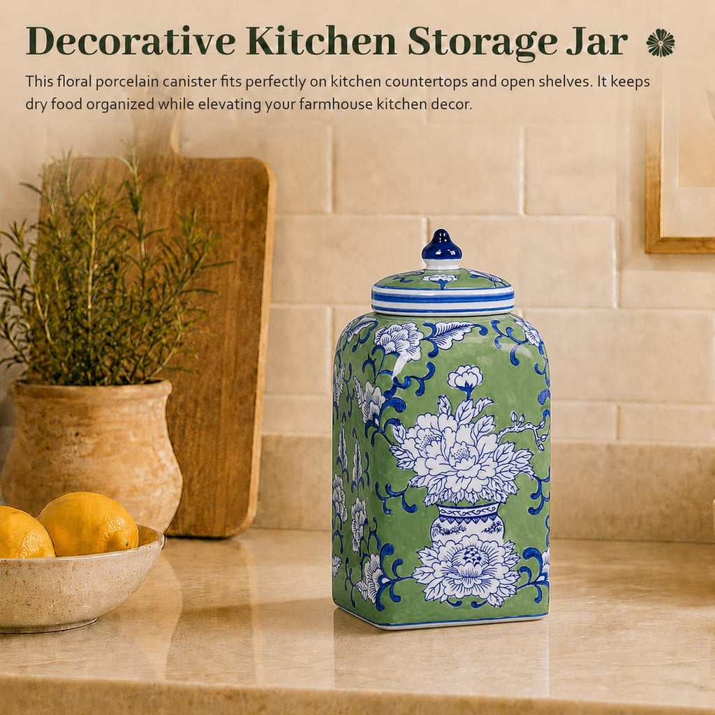 Ceramic Tea & Coffee Canister with Airtight Lid – 10" H, 121 fl oz, Green Peony Chinoiserie