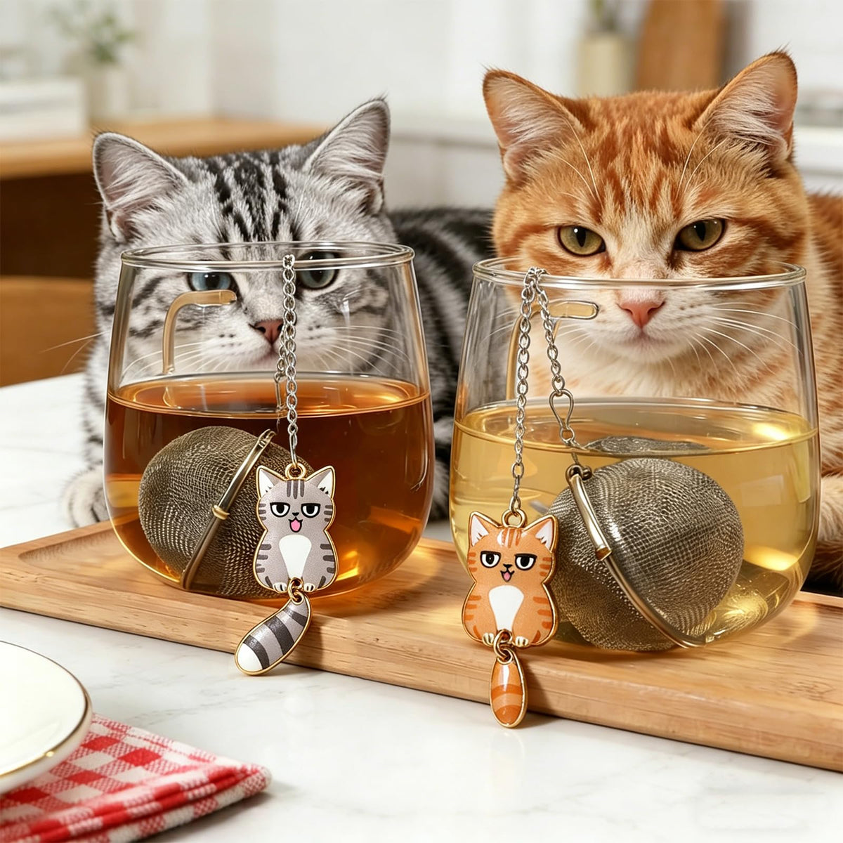 Cat Charm Tea Infuser Set of 2 – Stainless Steel, Moving Tail, Ragdoll & Tortoiseshell