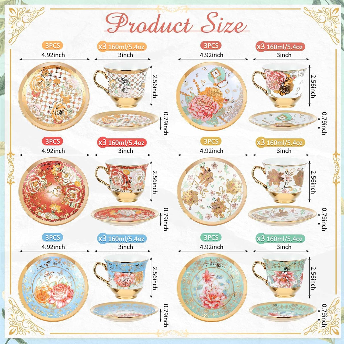 Floral Porcelain Tea Cups & Saucers Set of 18 – 6 Patterns, 5.4 oz