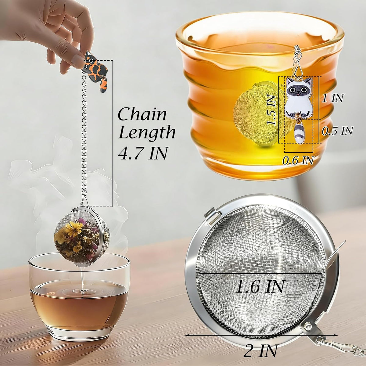 Cat Charm Tea Infuser Set of 2 – Stainless Steel, Moving Tail, Ragdoll & Tortoiseshell