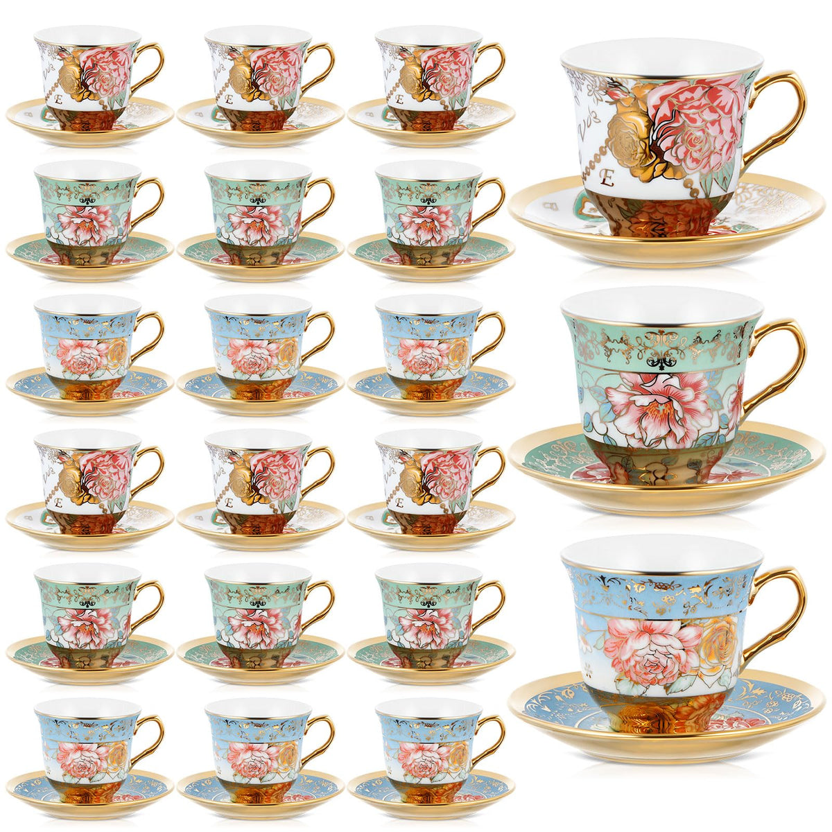 Floral Porcelain Tea Cups & Saucers Set of 18 – 6 Patterns, 5.4 oz