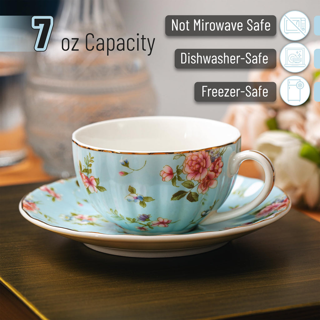 Floral Porcelain Tea Cups & Saucers Set of 6 – Midnight Blue