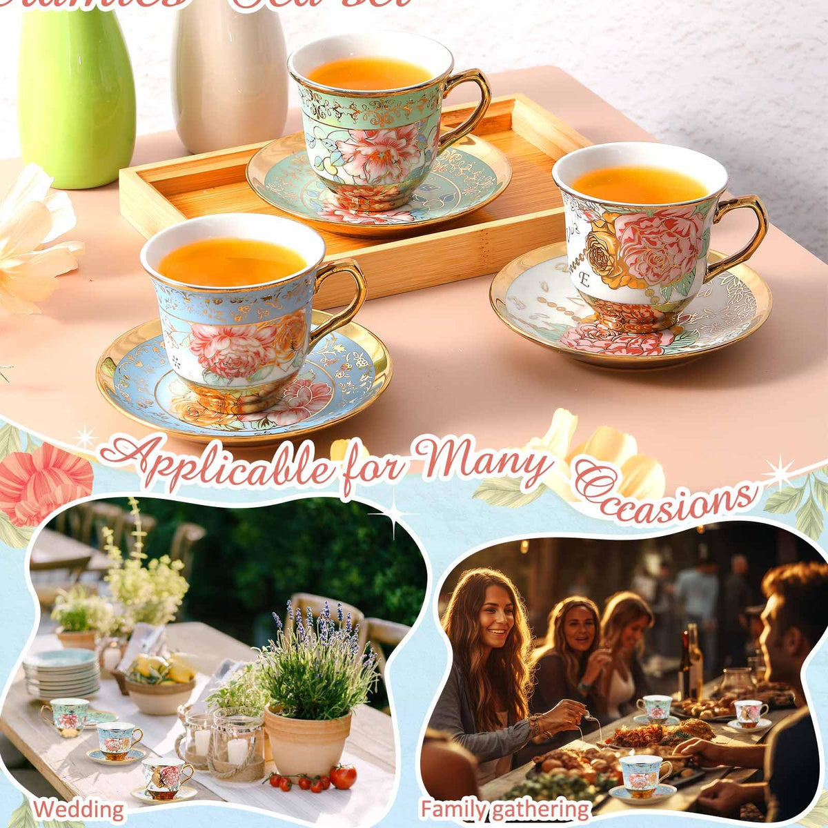 Floral Porcelain Tea Cups & Saucers Set of 18 – 6 Patterns, 5.4 oz