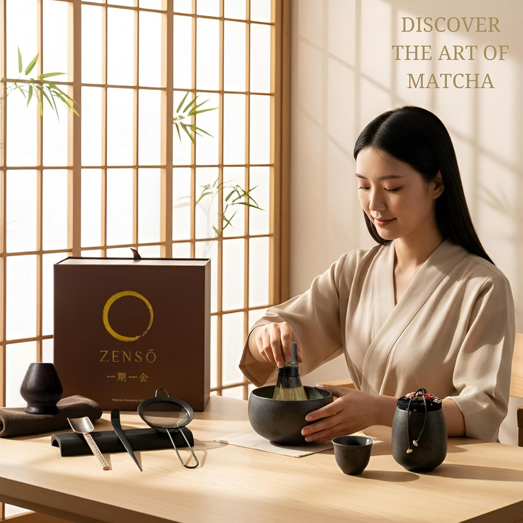 ZENSO 10-Piece Premium Matcha Set – Handmade Ceramics, Purple Bamboo Whisk & Tea Canister, Dark Gray