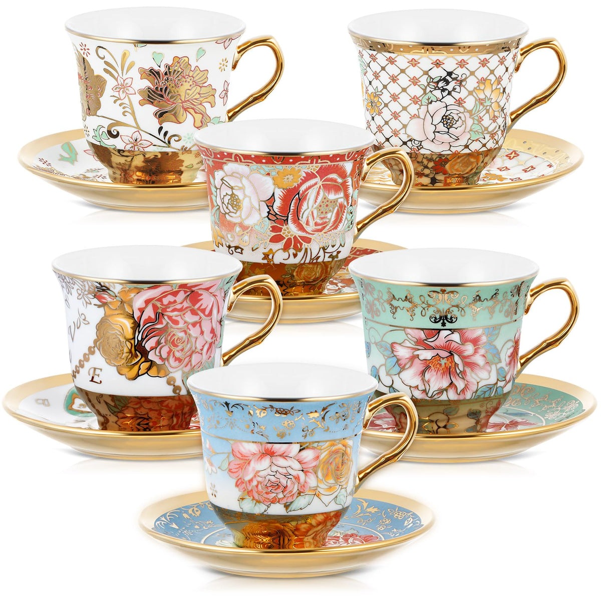 Floral Porcelain Tea Cups & Saucers Set of 18 – 6 Patterns, 5.4 oz