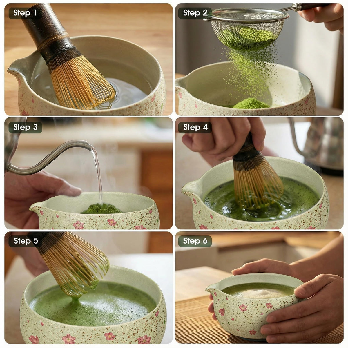 7-Piece Matcha Set – Floral Bowl & Purple Bamboo Whisk