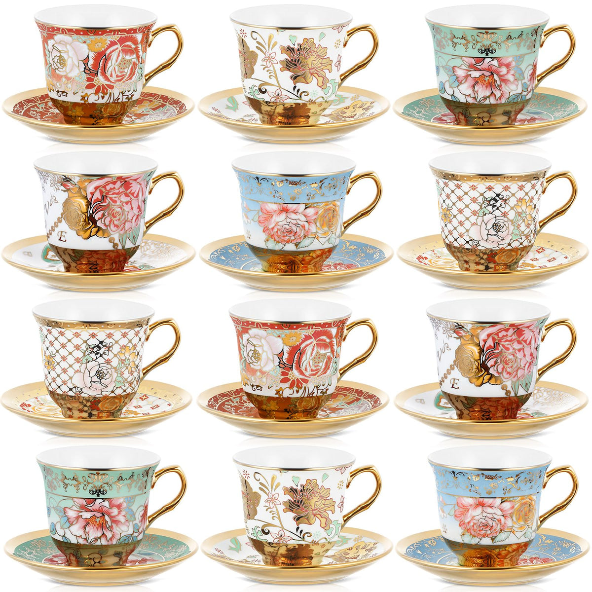 Floral Porcelain Tea Cups & Saucers Set of 18 – 6 Patterns, 5.4 oz