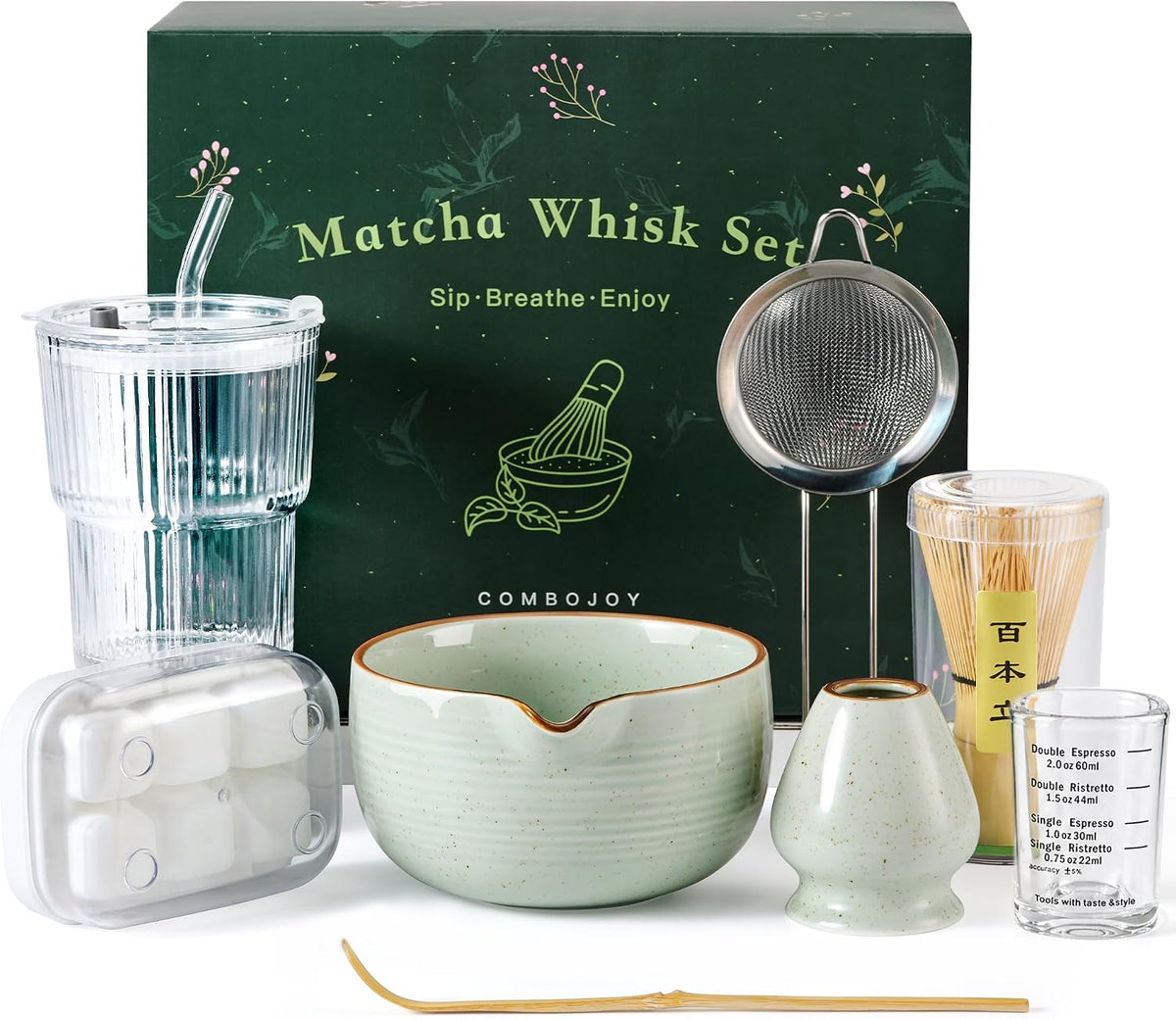 ComboJoy Complete Matcha Kit – Bowl, Whisk, Glass Cup with Straw & Ice Cube Tray for Hot & Iced Matcha