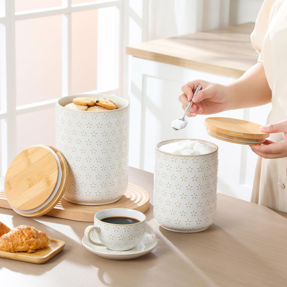 MALACASA LYDIA Ceramic Canister Set of 3 – Hexagon, Airtight Wooden Lids, 20/40/80 oz