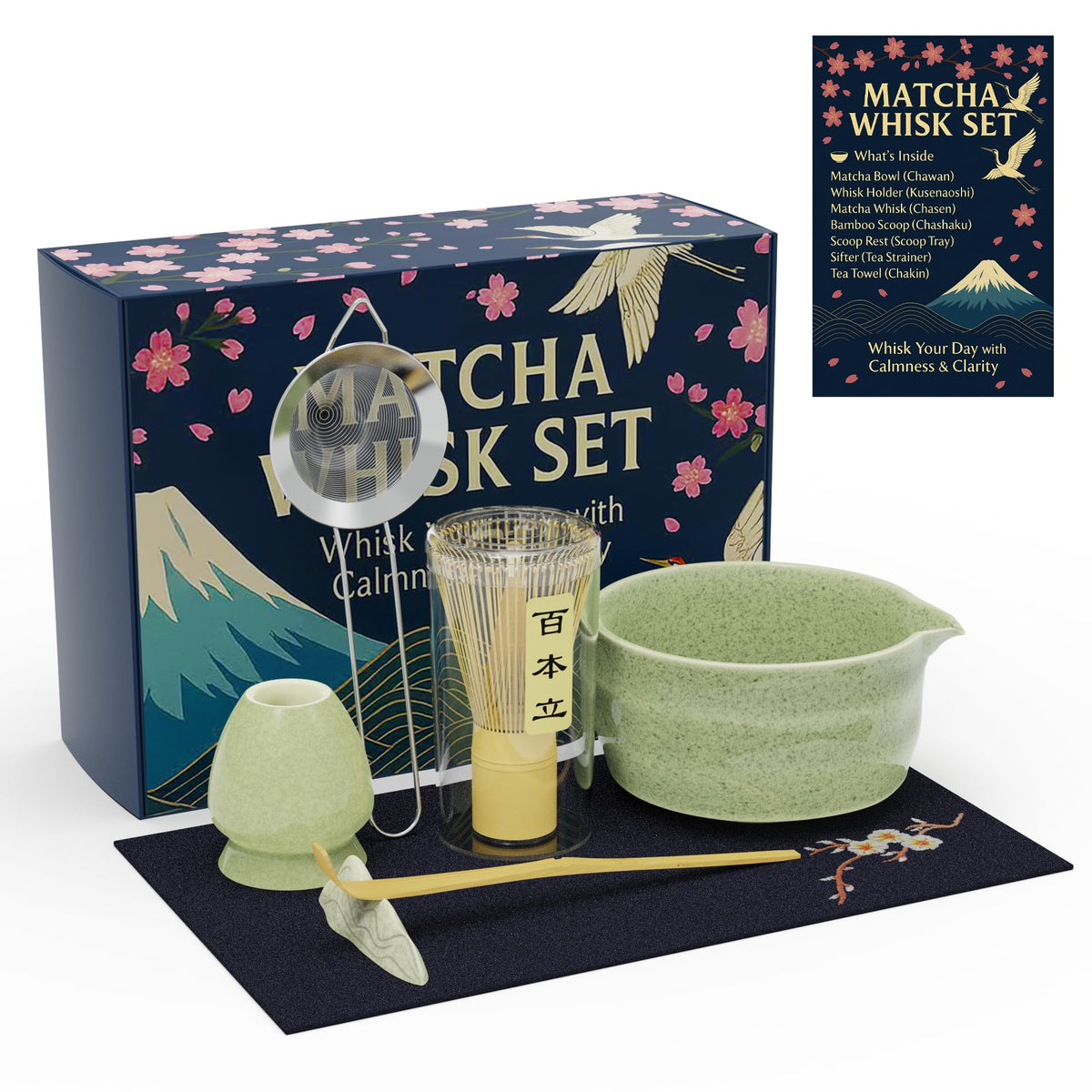 8-Piece Cat Print Matcha Set – Japanese Tea Ceremony Kit with Bamboo Accessories for Home Rituals