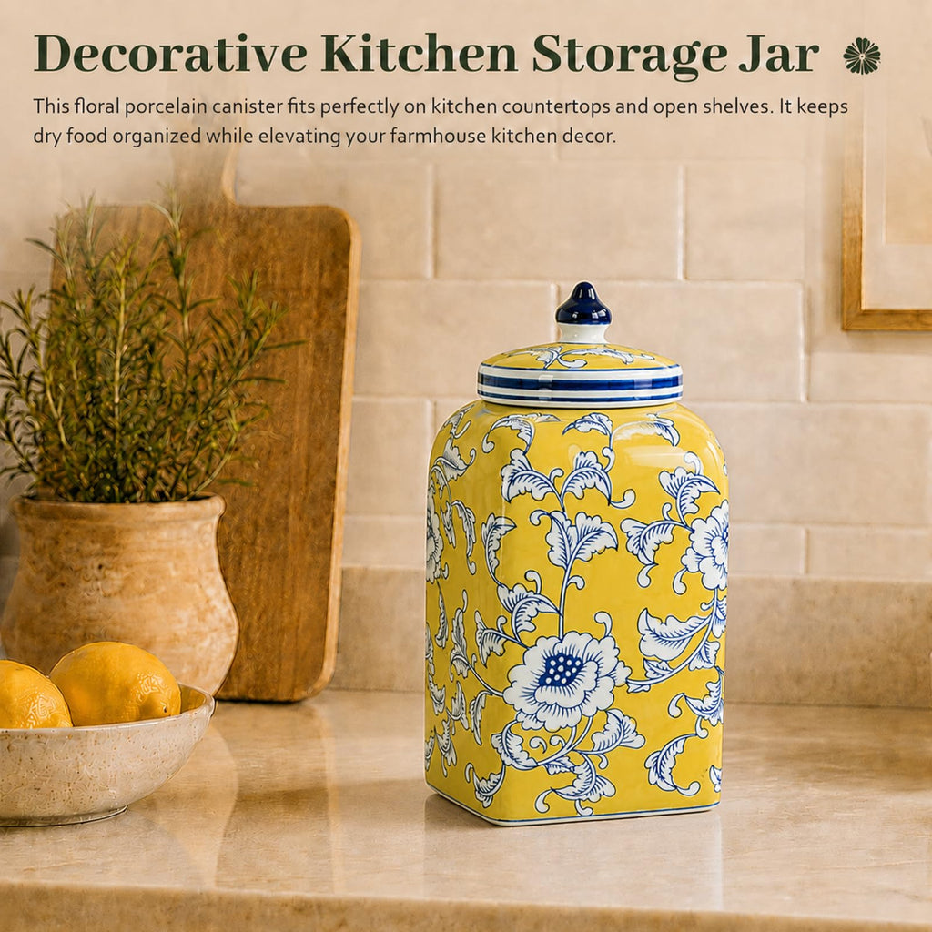 Ceramic Tea & Coffee Canister with Airtight Lid – 10" H, 121 fl oz, Green Peony Chinoiserie