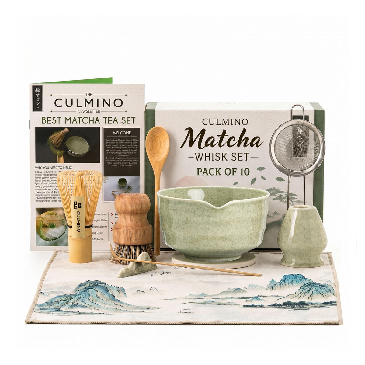 10-Piece Traditional Matcha Set – 450ml Bowl, Whisk, Tea Brush, Cloth & Silicone Coaster