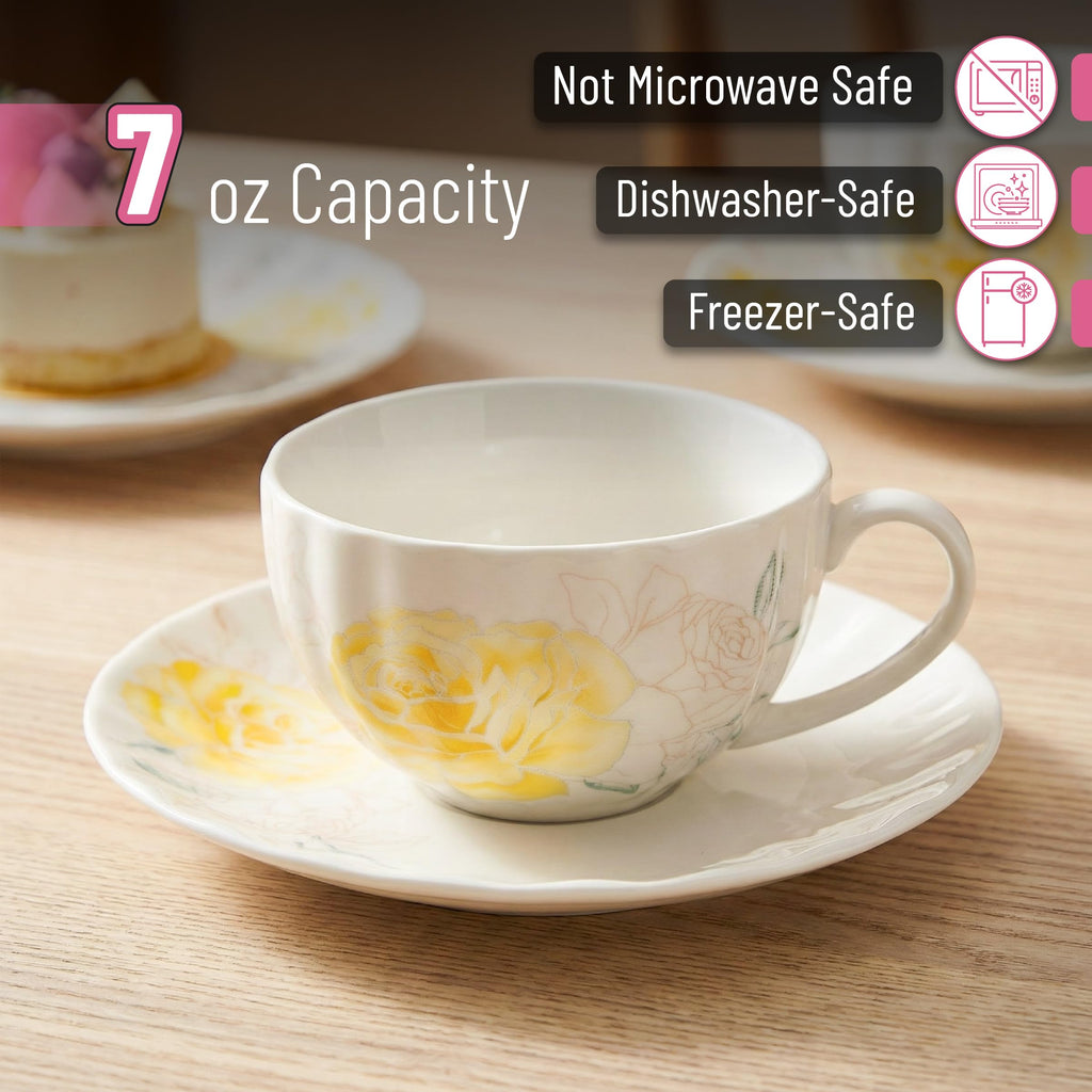 Floral Porcelain Tea Cups & Saucers Set of 6 – Midnight Blue