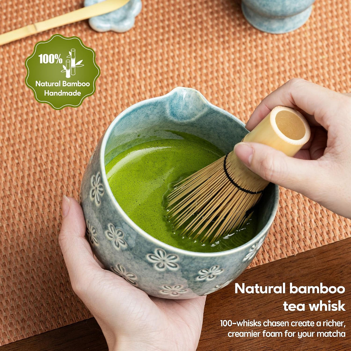 6-Piece Ceramic Matcha Set – Blue Cherry Blossom Bowl, 100-Prong Whisk, Scoop & Sifter
