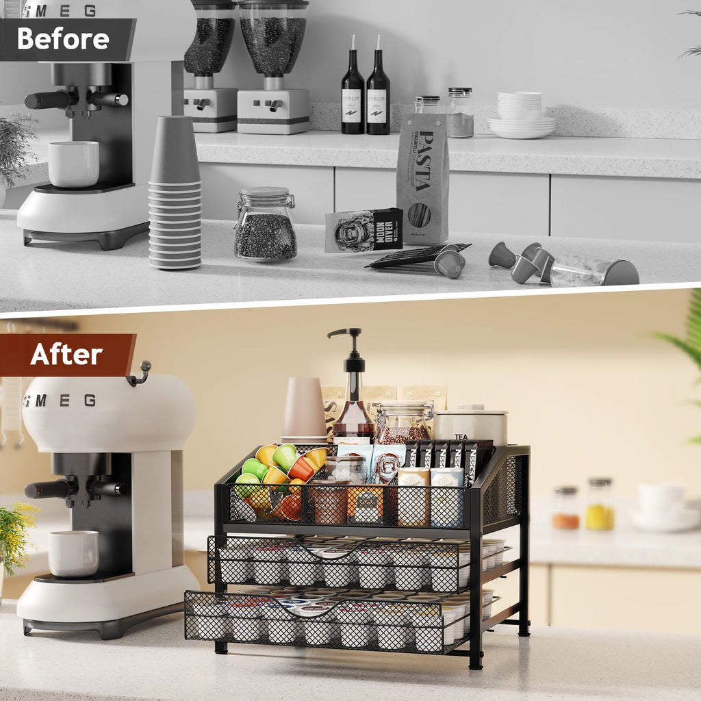 Homsorout Coffee Bar Organizer – Metal & Wood, Black and Brown