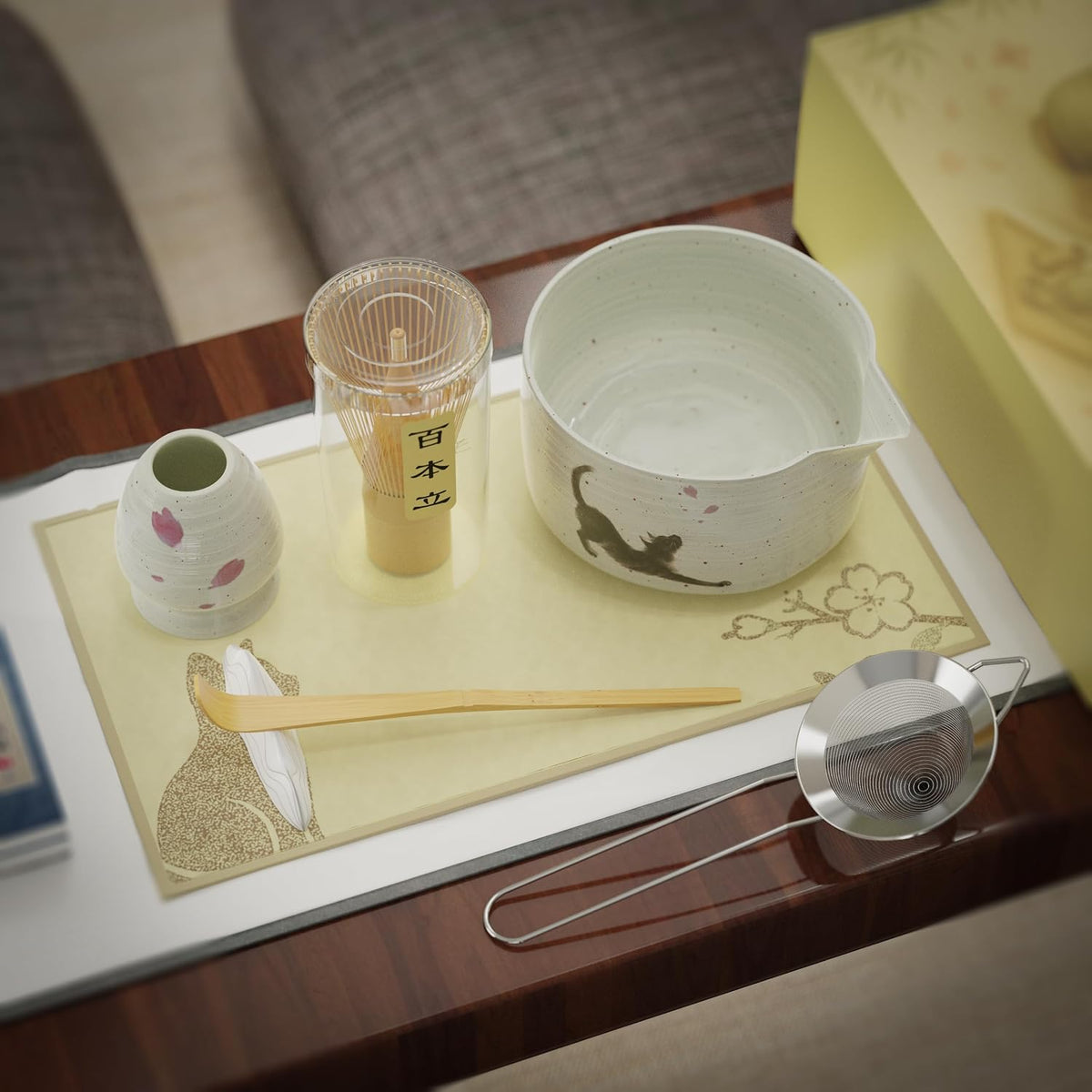 8-Piece Cat Print Matcha Set – Japanese Tea Ceremony Kit with Bamboo Accessories for Home Rituals