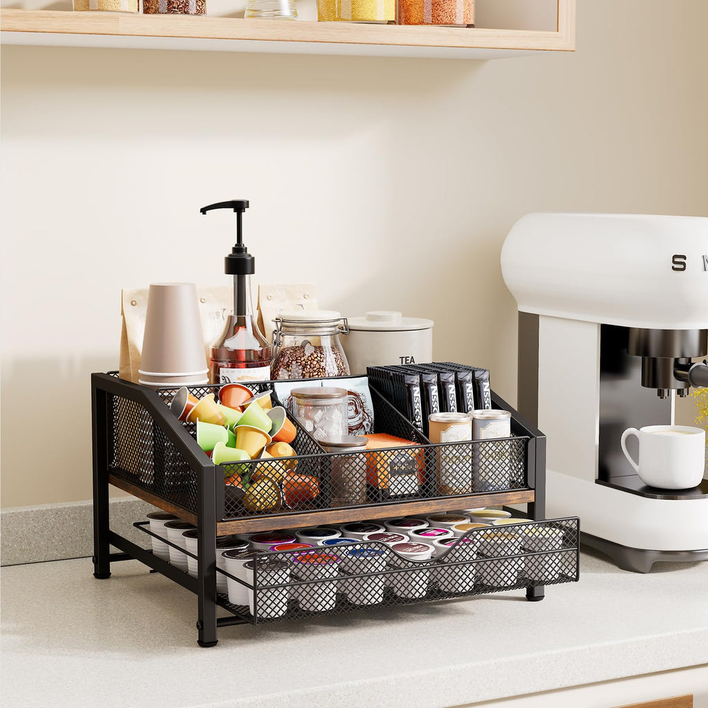 Homsorout Coffee Bar Organizer – Metal & Wood, Black and Brown