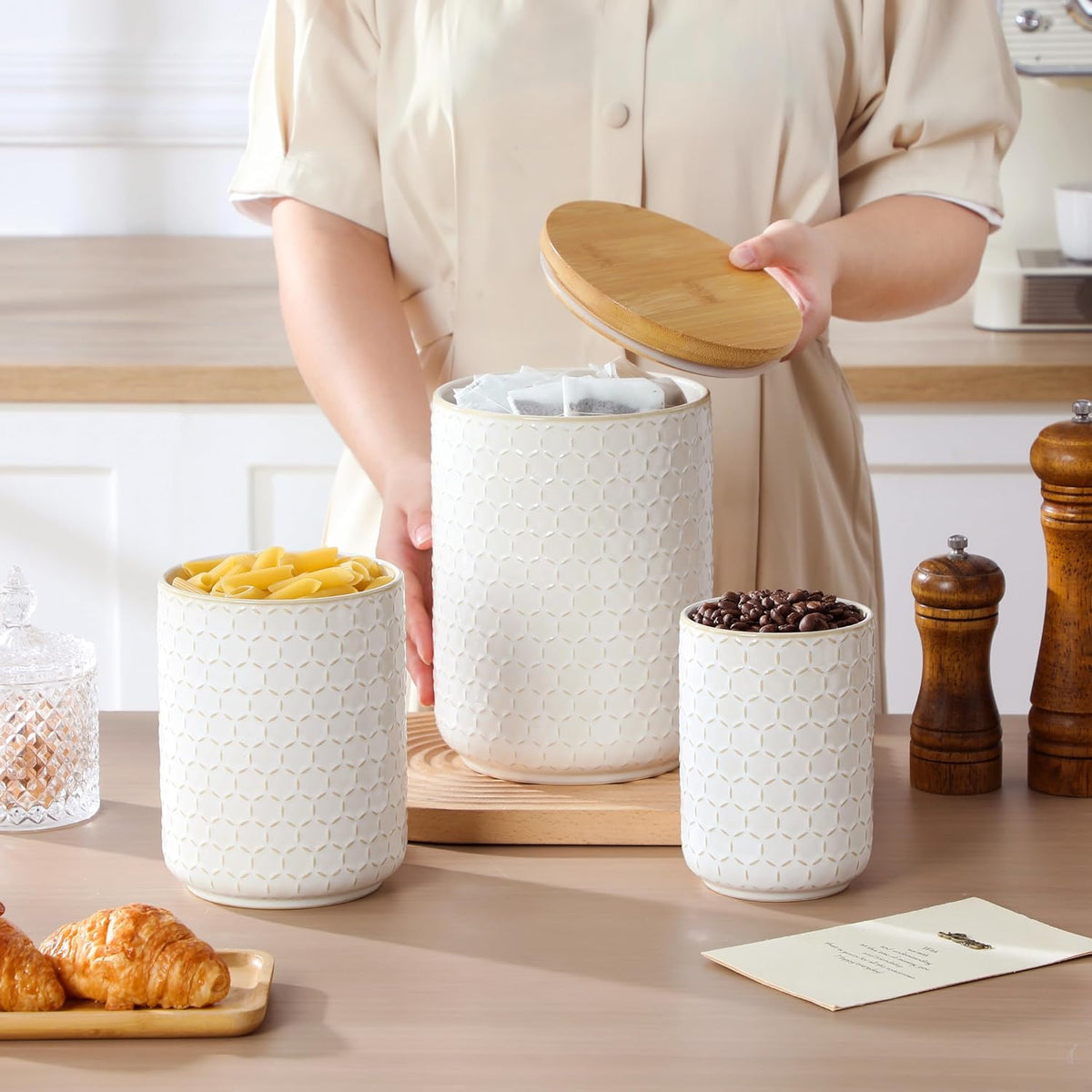 MALACASA LYDIA Ceramic Canister Set of 3 – Hexagon, Airtight Wooden Lids, 20/40/80 oz
