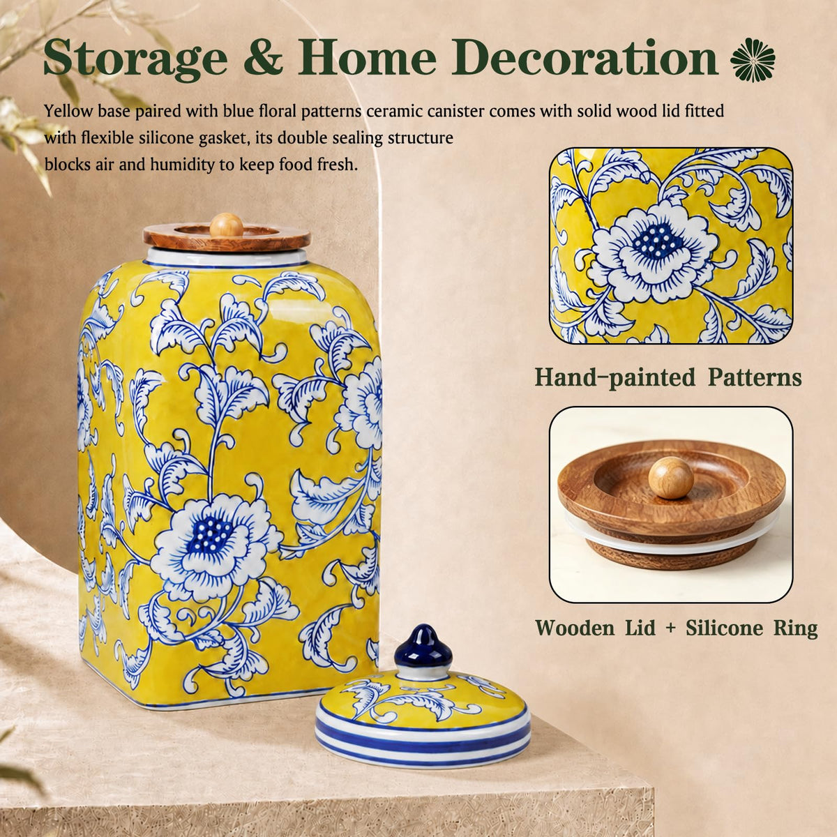 Ceramic Tea & Coffee Canister with Airtight Lid – 10" H, 121 fl oz, Green Peony Chinoiserie