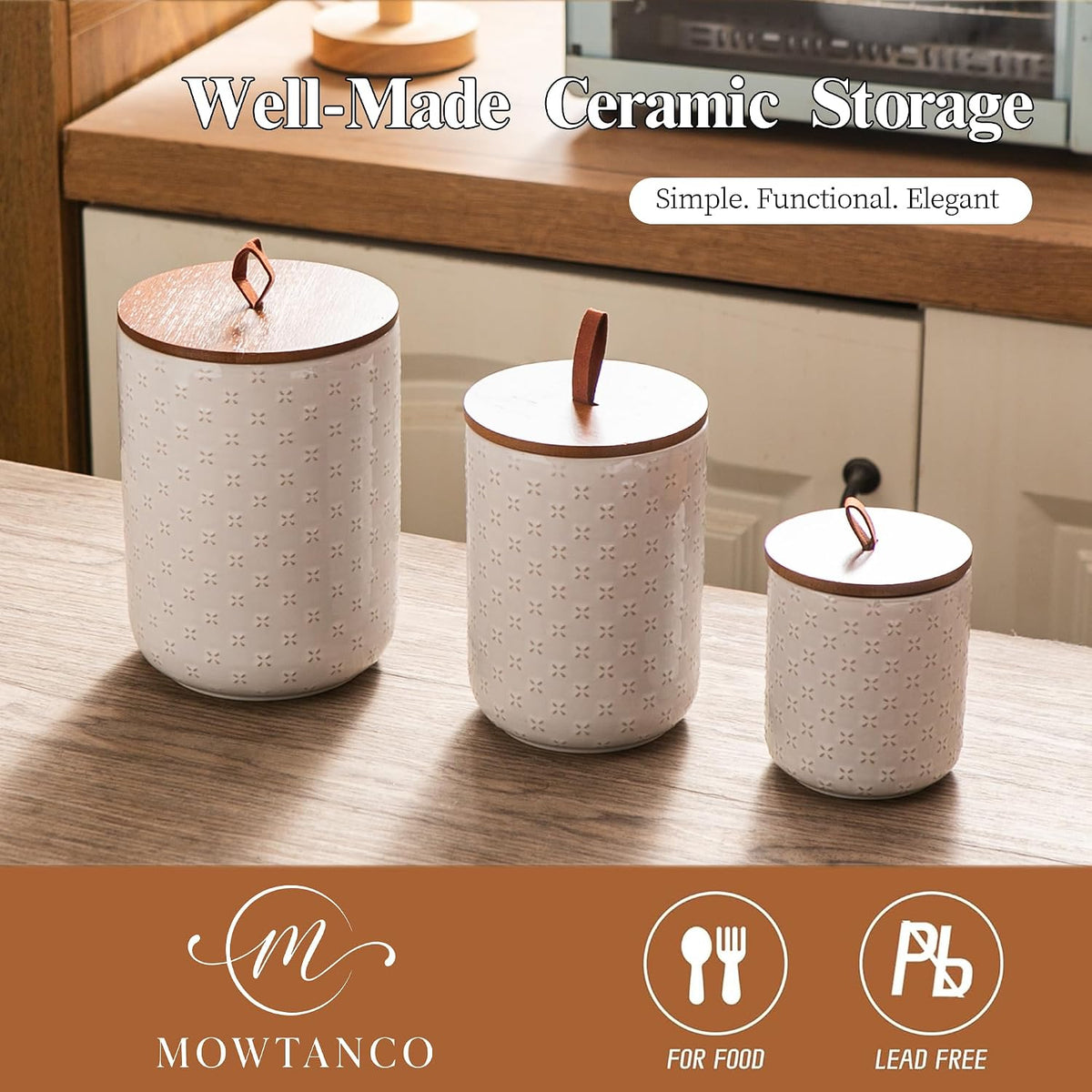 Mowtanco White Embossed Ceramic Canister Set of 3 – Airtight Bamboo Lids, 12/30/48 oz