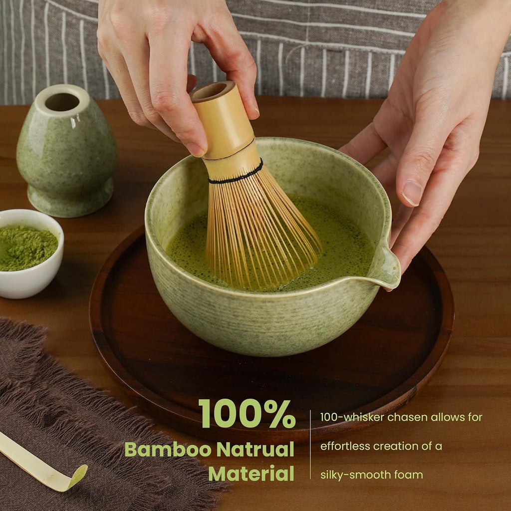 5-Piece Ceramic Matcha Set – Mottled Green Chawan, Handcrafted Bamboo Chasen, Scoop & Holder
