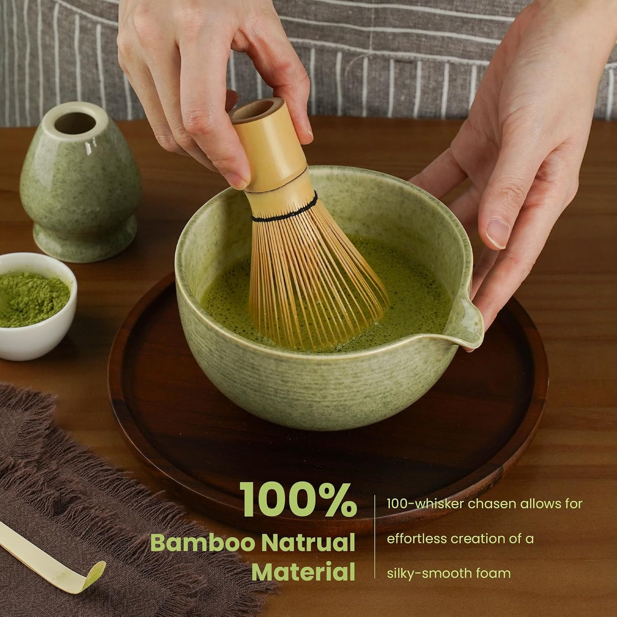 5-Piece Ceramic Matcha Set – Mottled Green Chawan, Handcrafted Bamboo Chasen, Scoop & Holder