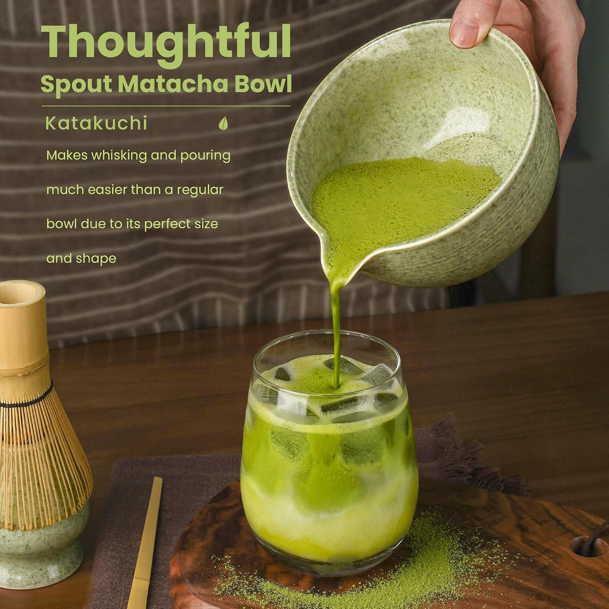 5-Piece Ceramic Matcha Set – Mottled Green Chawan, Handcrafted Bamboo Chasen, Scoop & Holder