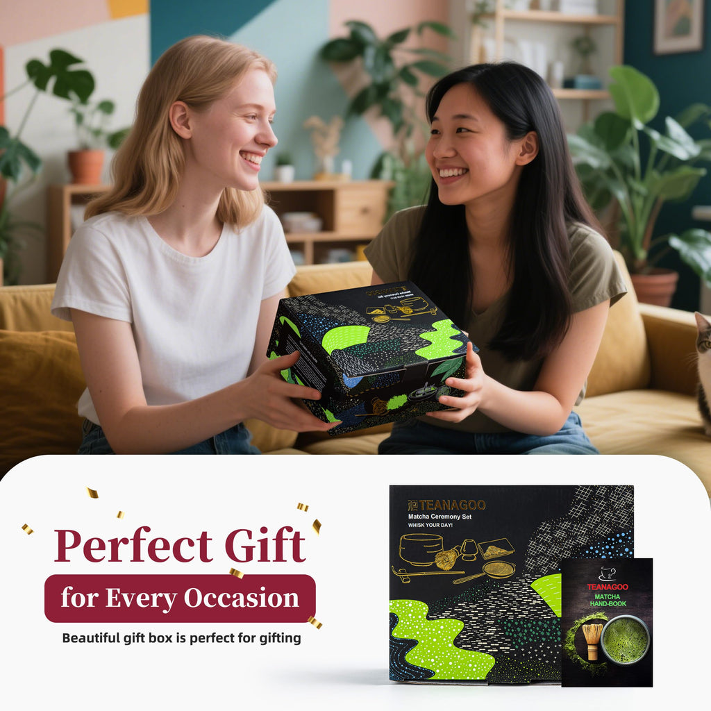 TEANAGOO 7-Piece Black Matcha Set – Ceramic Chawan, Whisk, Holder & Sifter for Ceremony & Latte