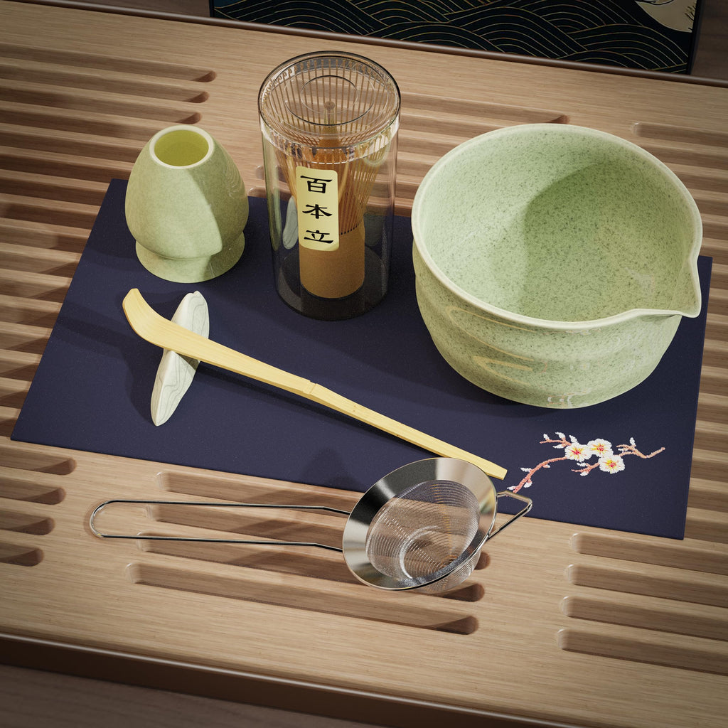 8-Piece Cat Print Matcha Set – Japanese Tea Ceremony Kit with Bamboo Accessories for Home Rituals