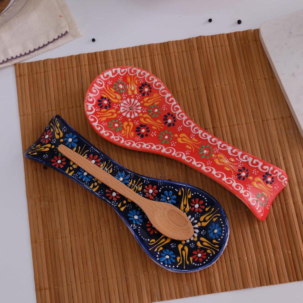 Handmade Ceramic Spoon Rest, Set of 2 – 5", Orange & Navy Blue, Farmhouse Style