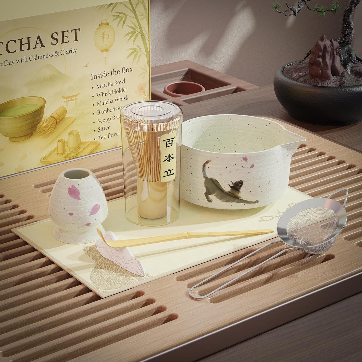 8-Piece Cat Print Matcha Set – Japanese Tea Ceremony Kit with Bamboo Accessories for Home Rituals