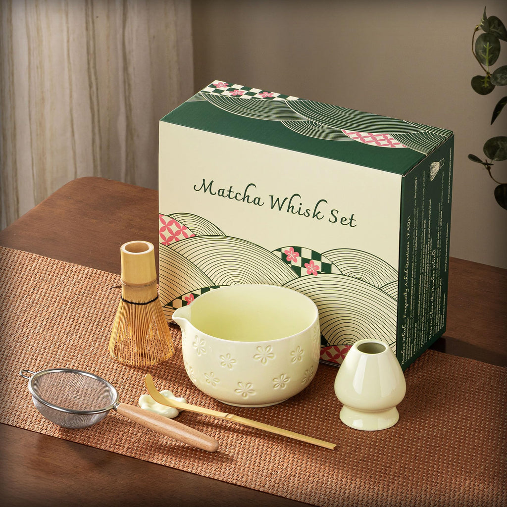 6-Piece Ceramic Matcha Set – Blue Cherry Blossom Bowl, 100-Prong Whisk, Scoop & Sifter