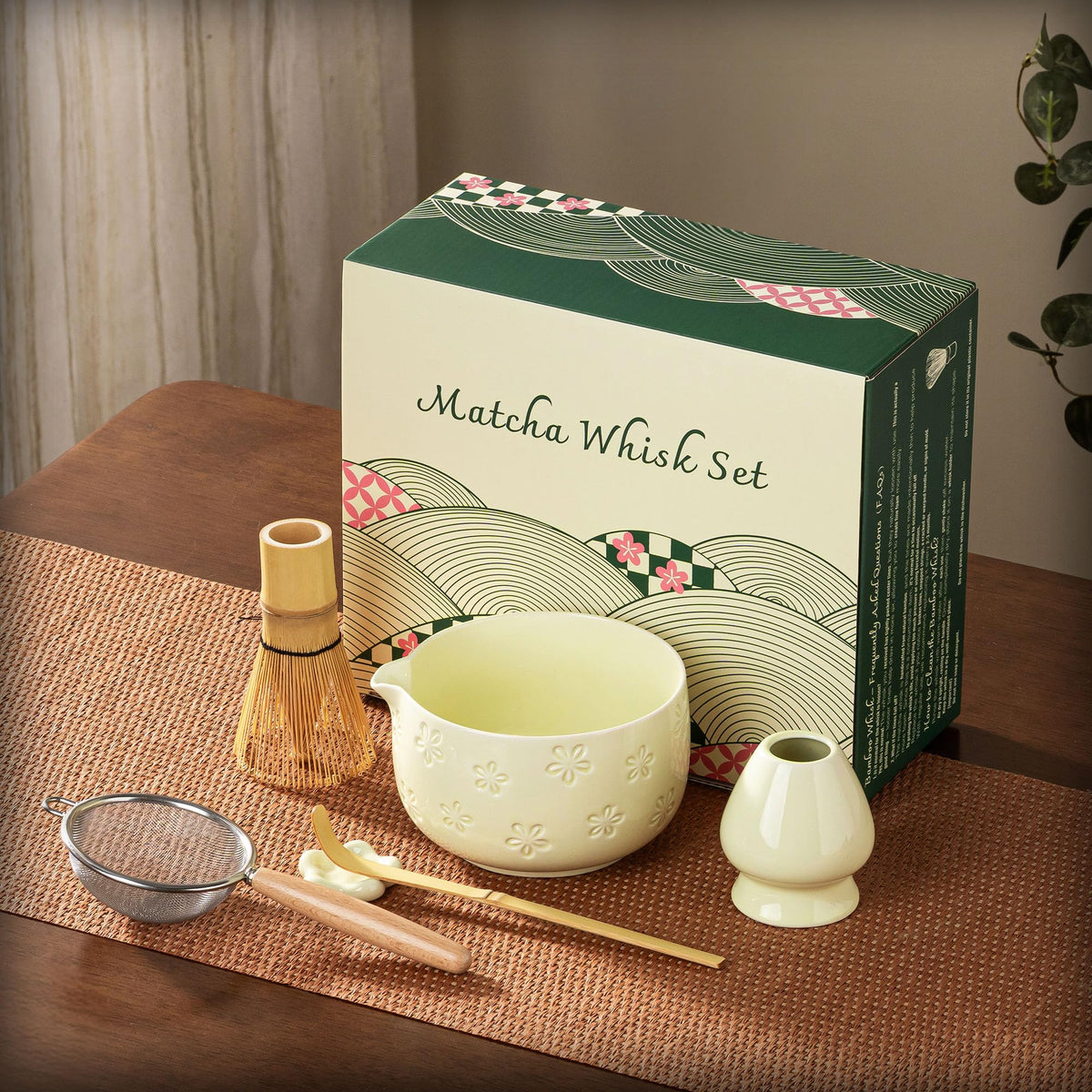 6-Piece Ceramic Matcha Set – Blue Cherry Blossom Bowl, 100-Prong Whisk, Scoop & Sifter