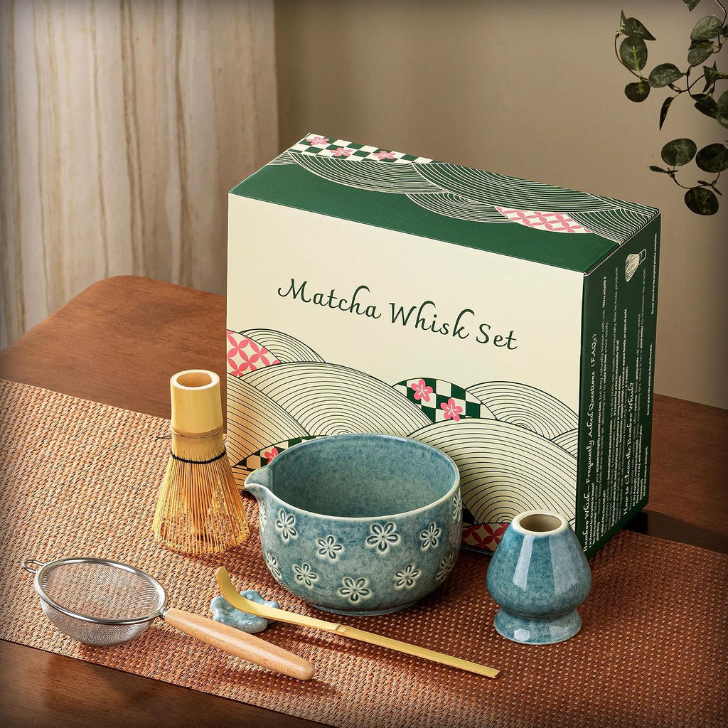 6-Piece Ceramic Matcha Set – Blue Cherry Blossom Bowl, 100-Prong Whisk, Scoop & Sifter