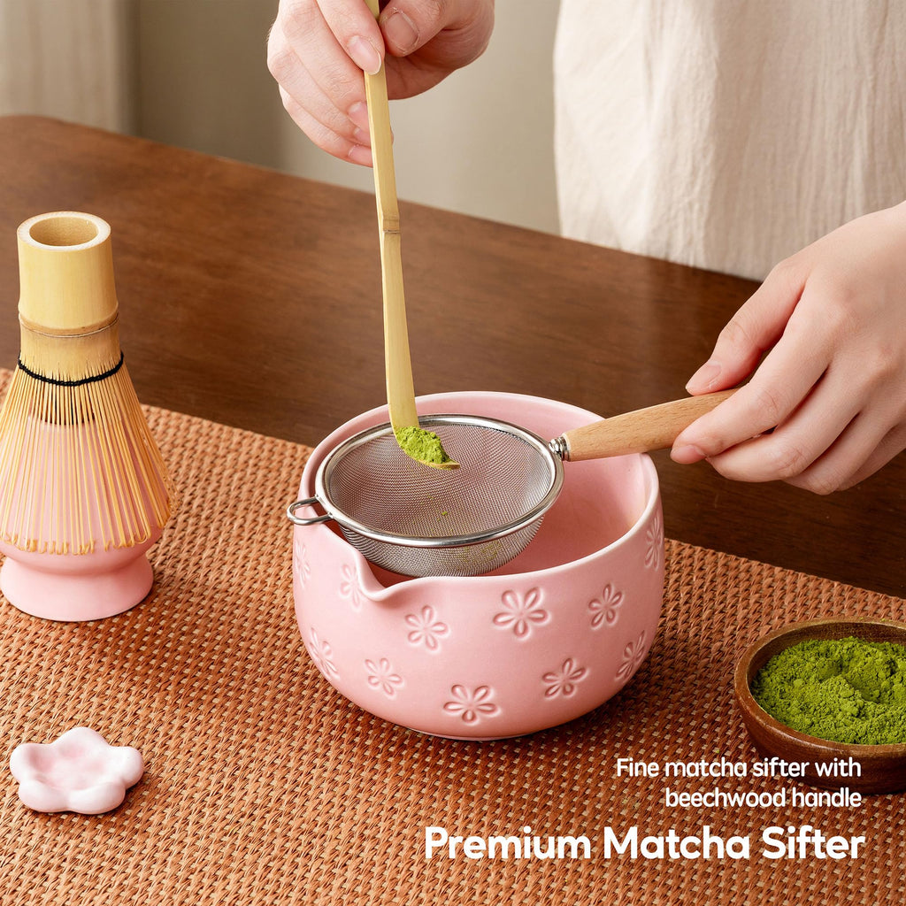 6-Piece Ceramic Matcha Set – Blue Cherry Blossom Bowl, 100-Prong Whisk, Scoop & Sifter