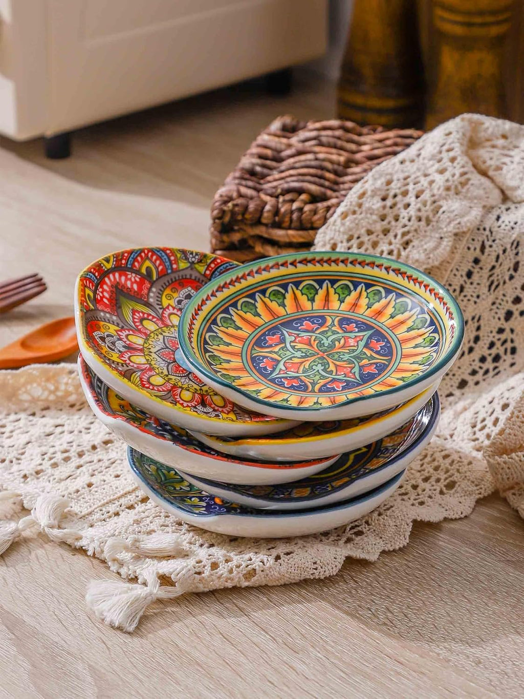 Henten Home Ceramic Spoon Rest Set of 6 – Bohemian Porcelain, 4.5", Dishwasher Safe