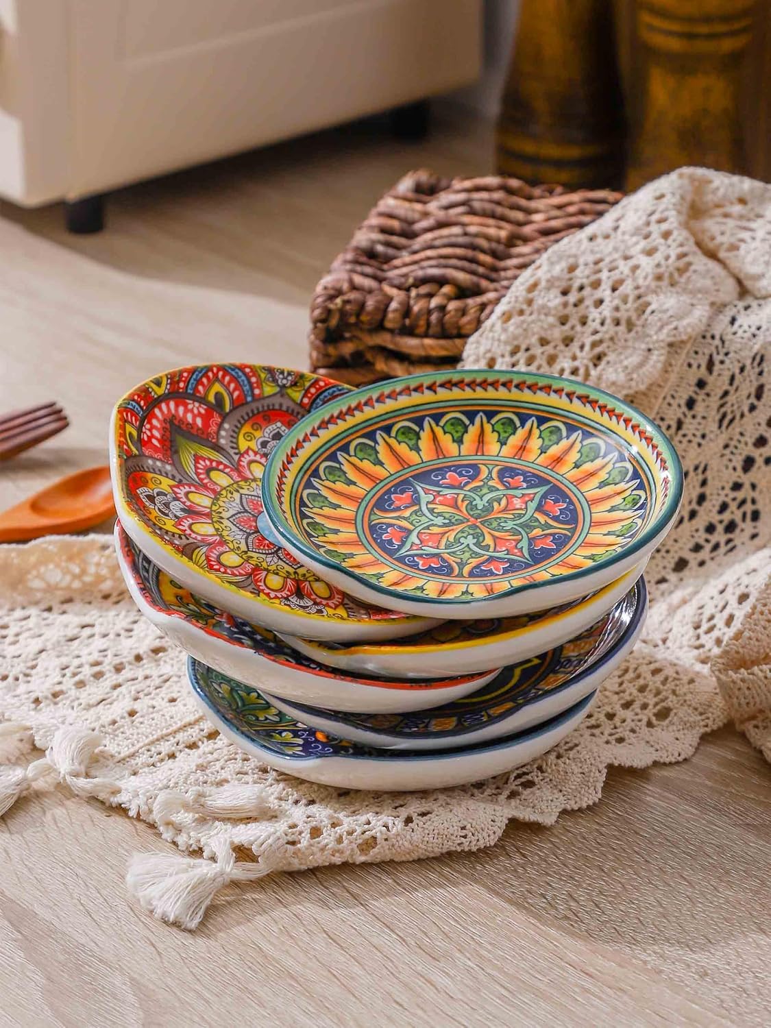 Henten Home Ceramic Spoon Rest Set of 6 – Bohemian Porcelain, 4.5", Dishwasher Safe