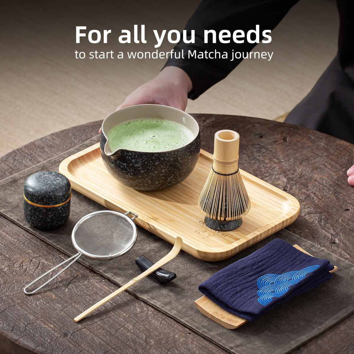 TEANAGOO 7-Piece Black Matcha Set – Ceramic Chawan, Whisk, Holder & Sifter for Ceremony & Latte