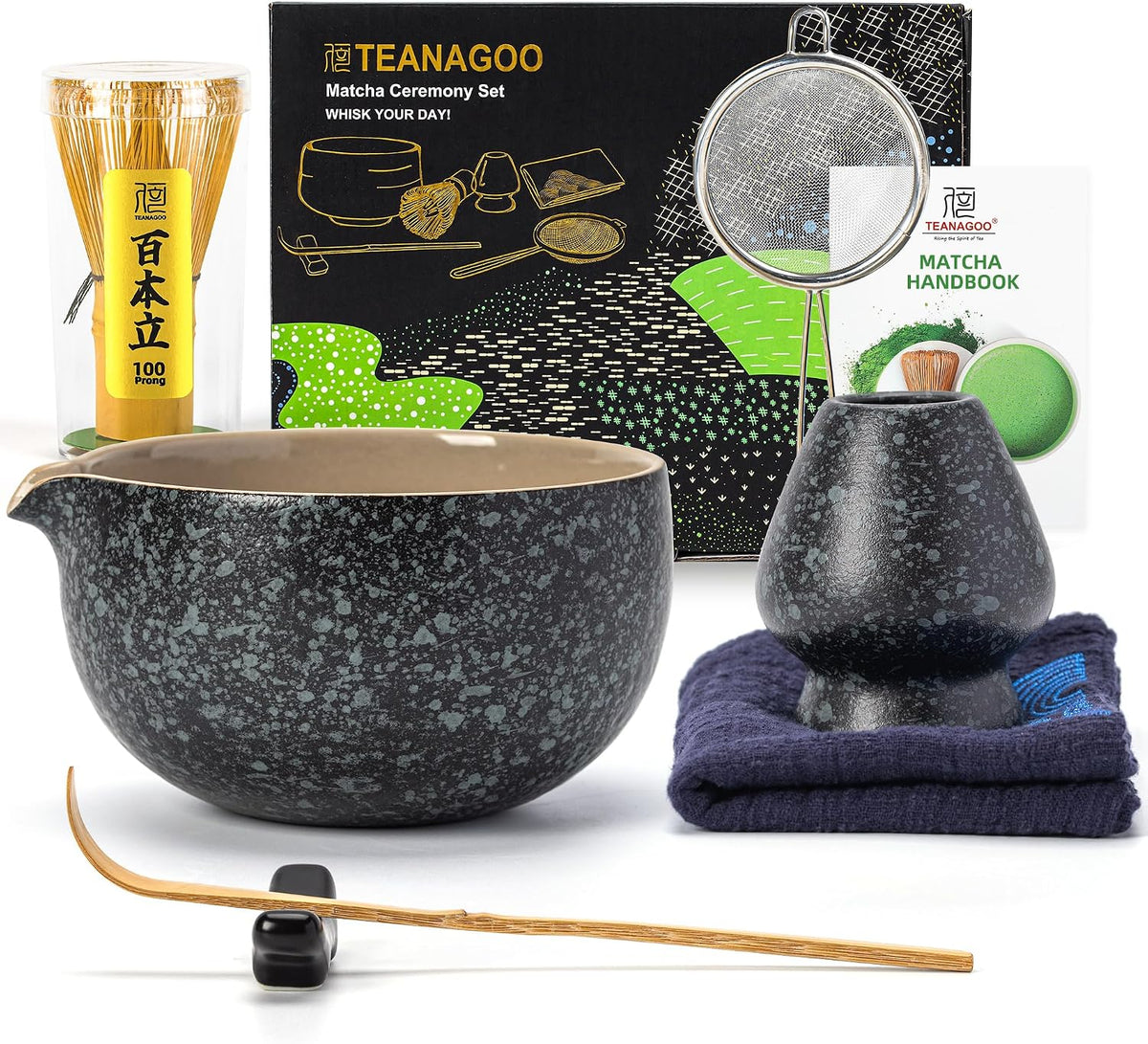 TEANAGOO 7-Piece Black Matcha Set – Ceramic Chawan, Whisk, Holder & Sifter for Ceremony & Latte