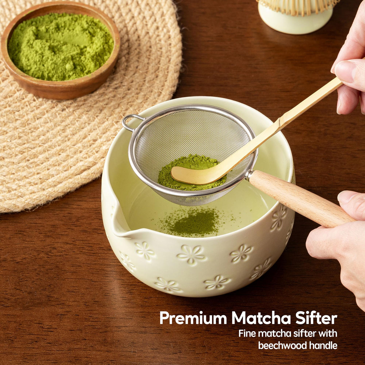 6-Piece Ceramic Matcha Set – Blue Cherry Blossom Bowl, 100-Prong Whisk, Scoop & Sifter