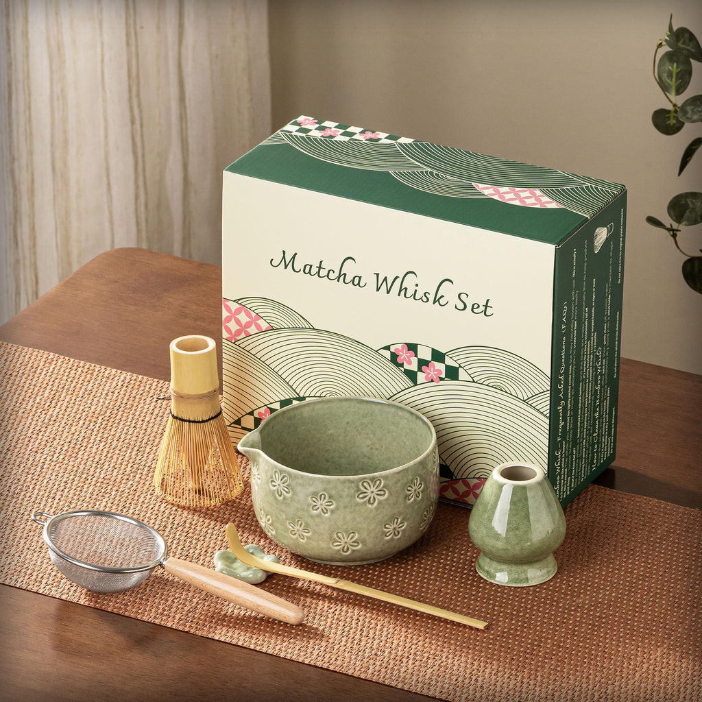 6-Piece Ceramic Matcha Set – Blue Cherry Blossom Bowl, 100-Prong Whisk, Scoop & Sifter