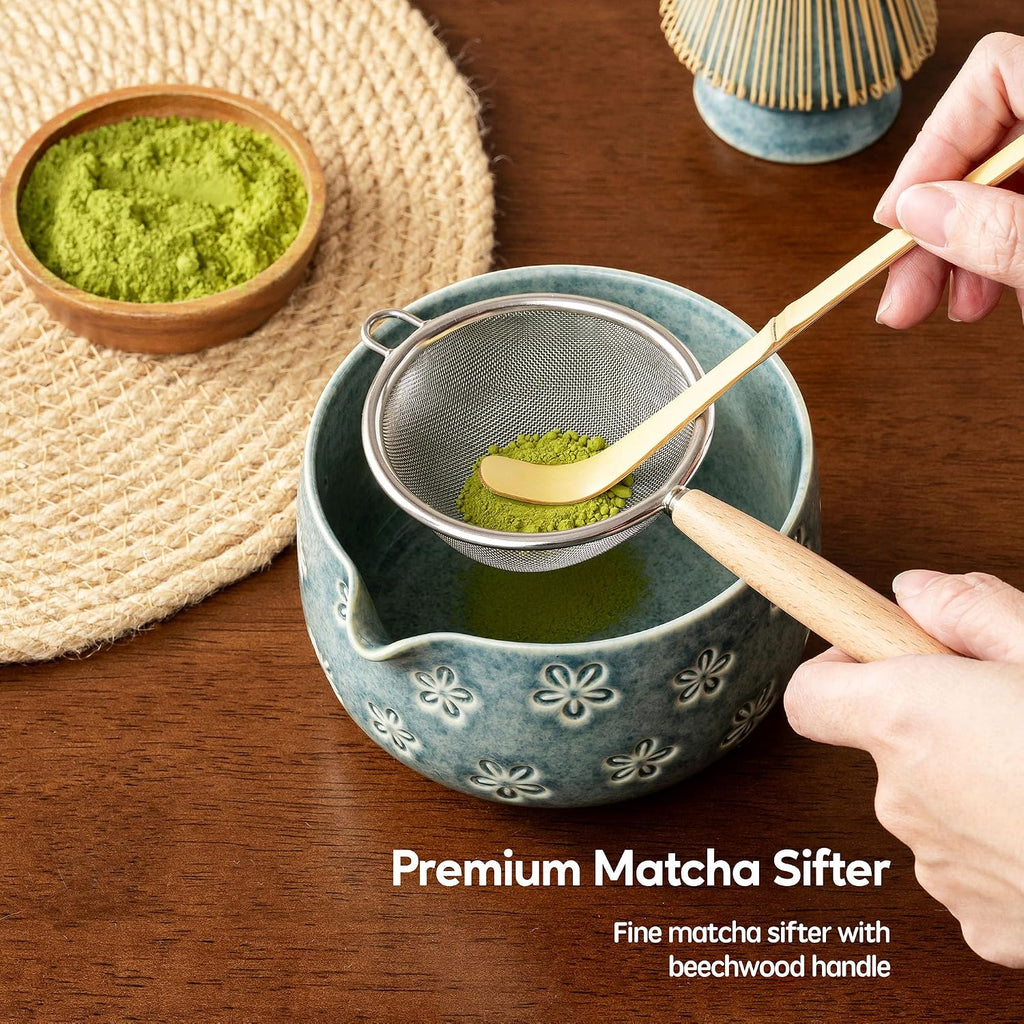 6-Piece Ceramic Matcha Set – Blue Cherry Blossom Bowl, 100-Prong Whisk, Scoop & Sifter